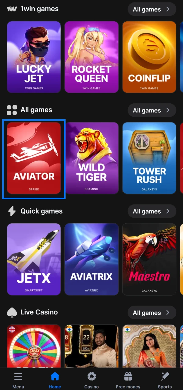 Find the Aviator game in the 1win casino section.