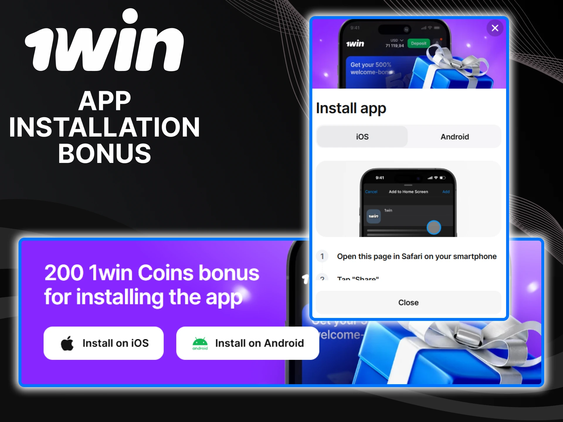 Install the 1win application and get bonus.