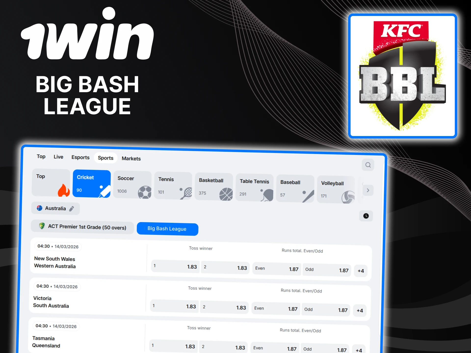 BBL cricket events are available for betting on 1win.