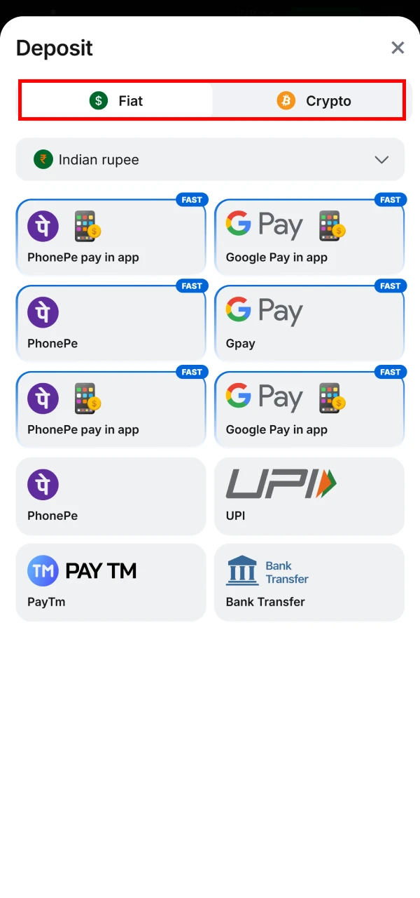 Select a method for depositing funds into the 1win app.