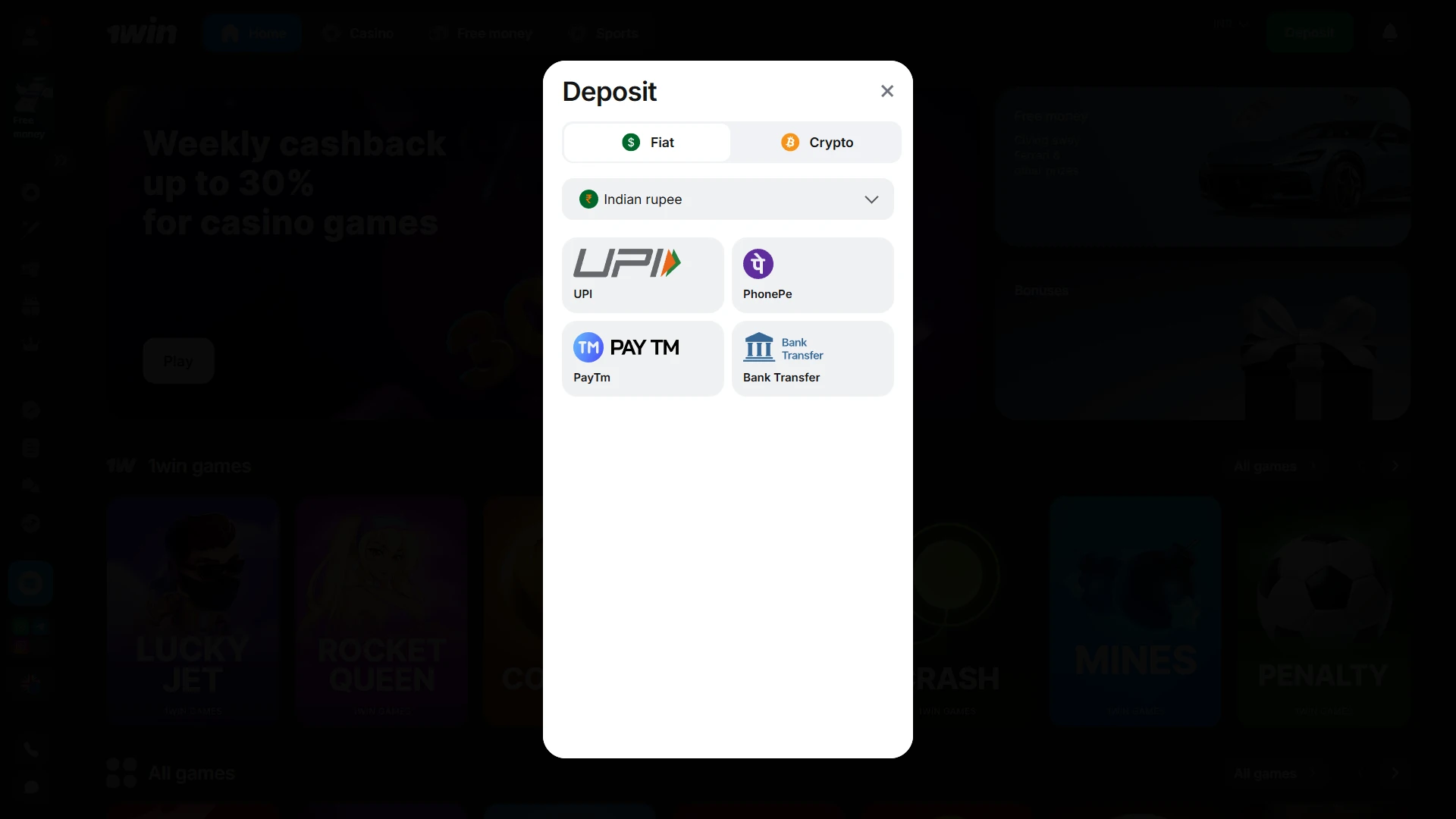 You can choose a convenient method for replenishing your deposit on the 1win website.