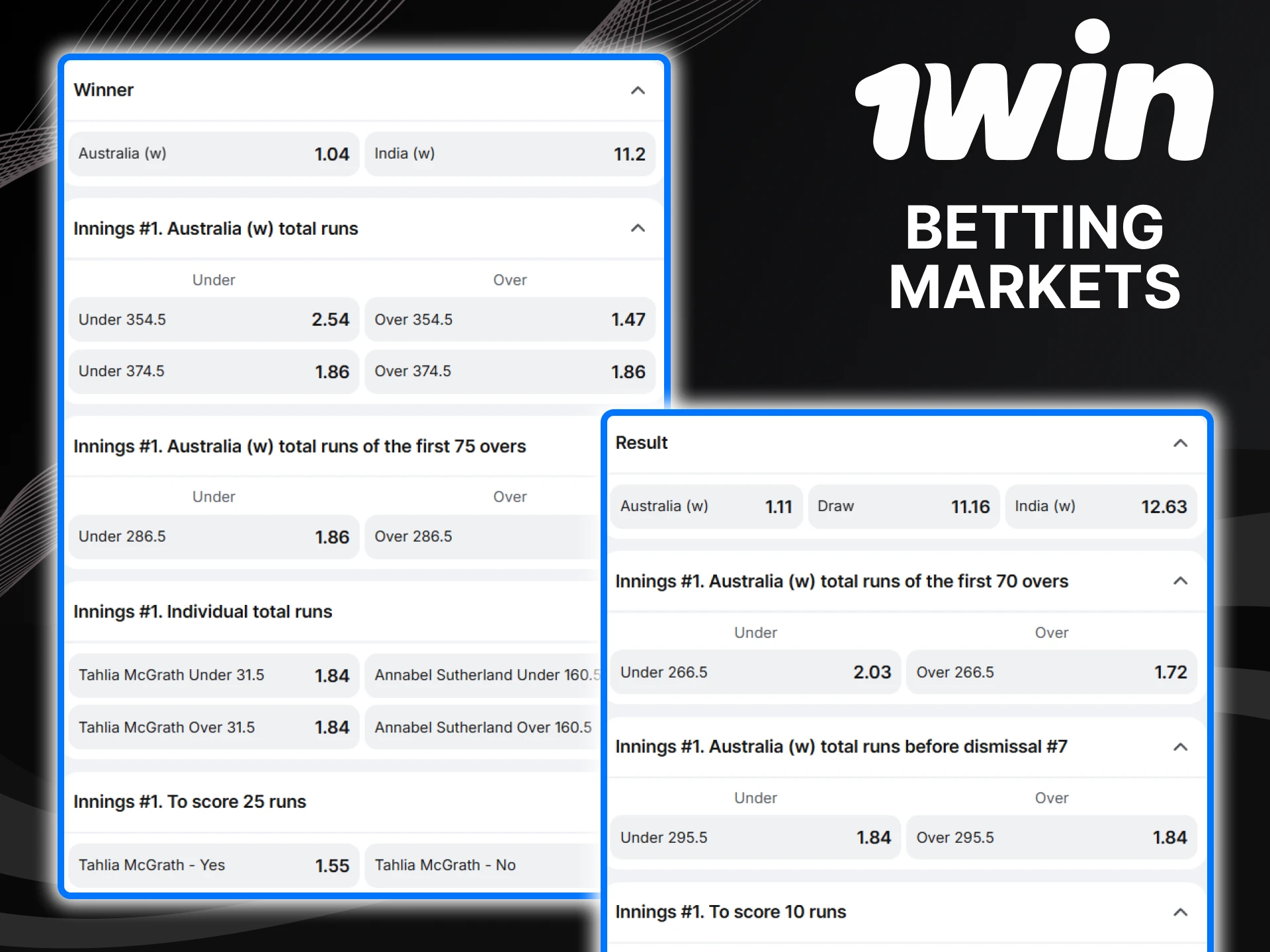 You will find a wide selection of bets on the 1win website.