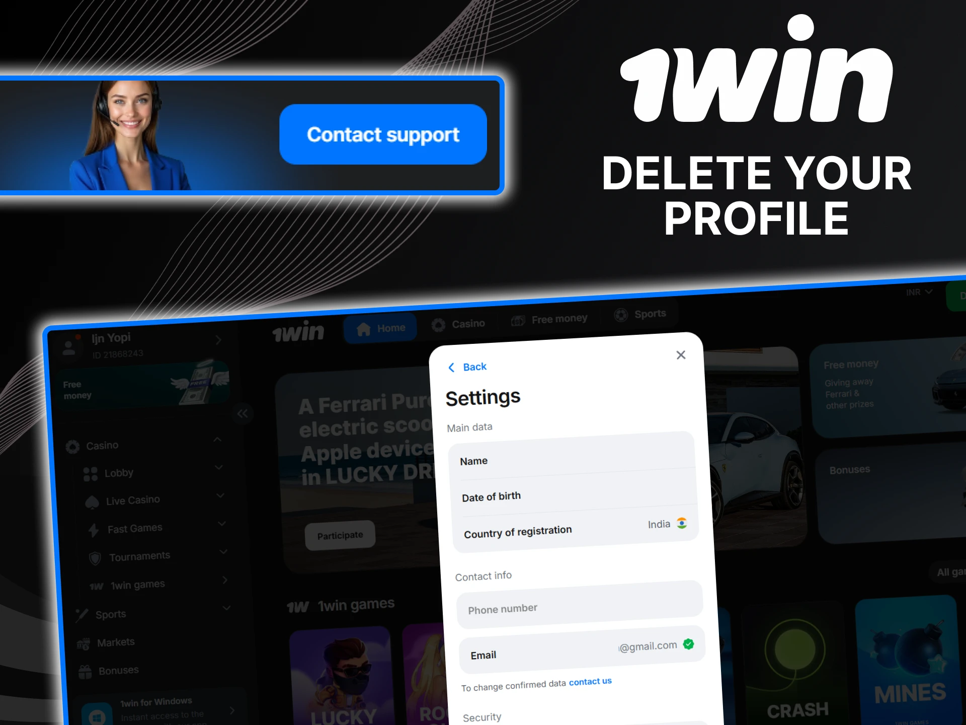 You can always delete your profile on the 1win website.