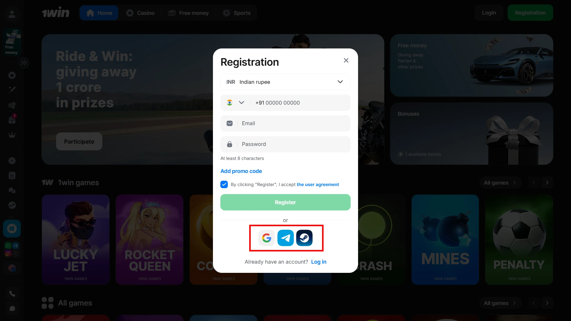 There are several registration options available on the 1win website.