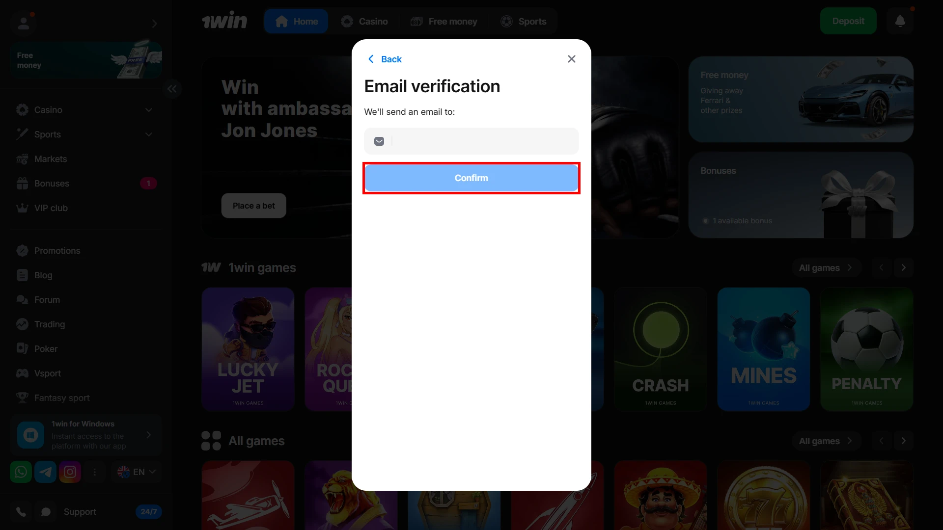Email verification is required before withdrawing funds on the 1win website.